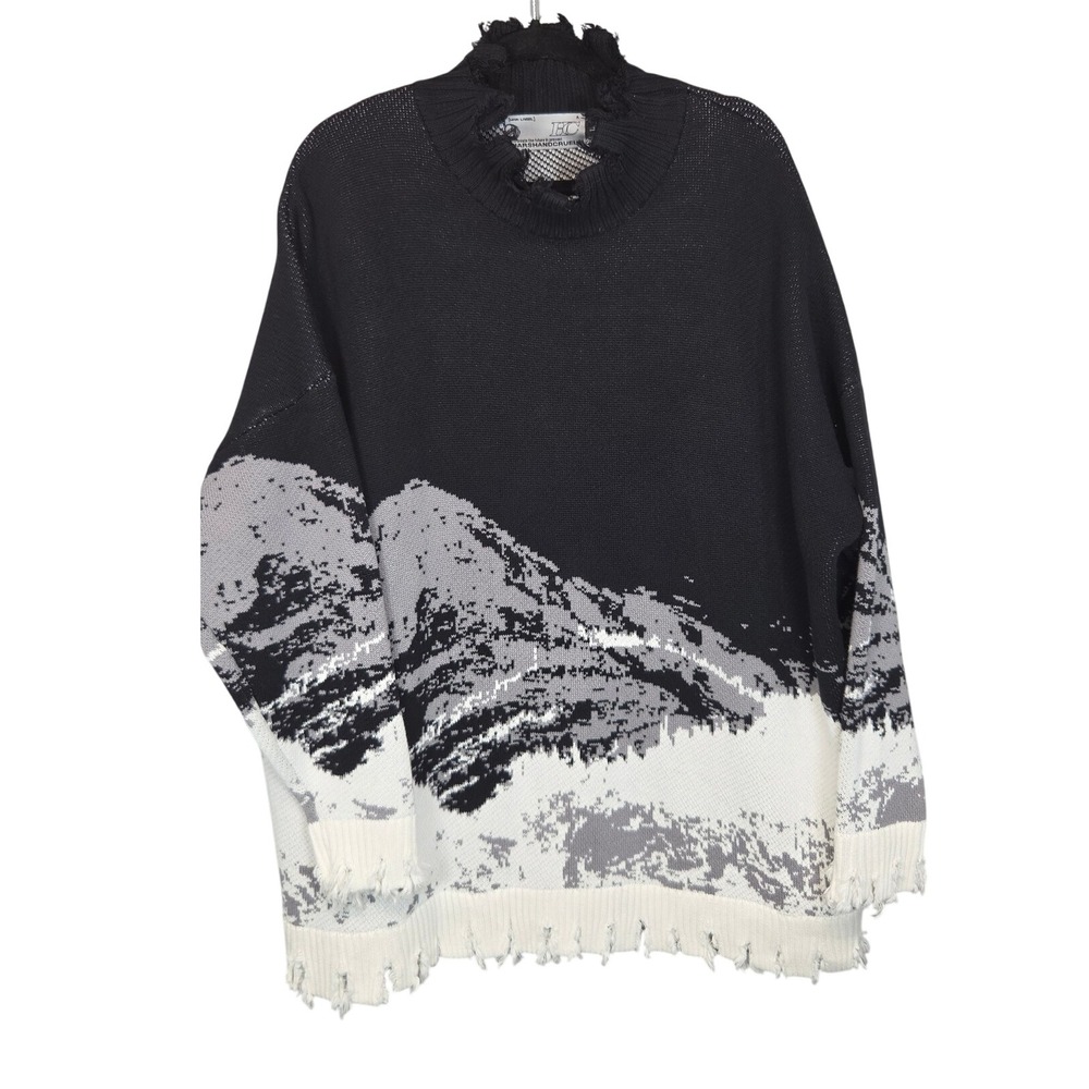 Harsh and Cruel Mountain Landscape Sweater Womens L Black White Distressed Knit